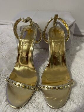 Christian Louboutin Metallic Gold Studded Ankle-Strap Heels
